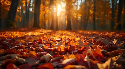 Autumn Forest Carpet of Fallen Leaves Warm Sunlight Filtering Through Golden Red Foliage