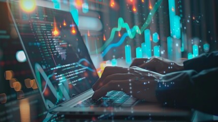 Futuristic Business Analysis: Professional Using Holographic Financial Charts on Laptop Screen