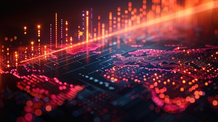 Global Markets Overview: Dynamic Financial Data on World Map Background with Neon Lighting Effects and High-Tech Interface