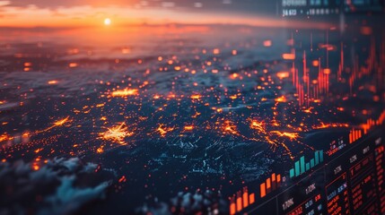 Global Markets Overview: Dynamic Financial Data on World Map Background with Neon Lighting Effects and High-Tech Interface
