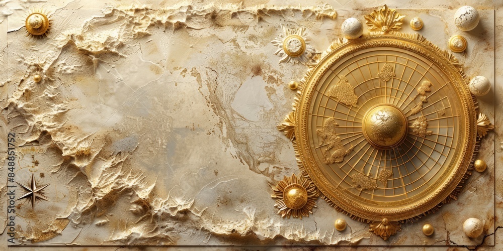 Canvas Prints vintage golden map with intricate details and celestial elements, ideal for historical or navigation