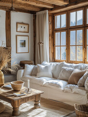 Modern living room of country house in style of Scandinavian minimalism and luxury minimalism