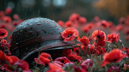 Memorial Day Tribute: Flag with Poppies and Military Helmet for Remembrance