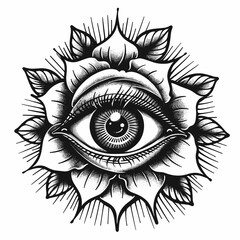 A black and white drawing of an eye with a flower in the background. The eye is large and has a lot of detail, including eyelashes and a pupil