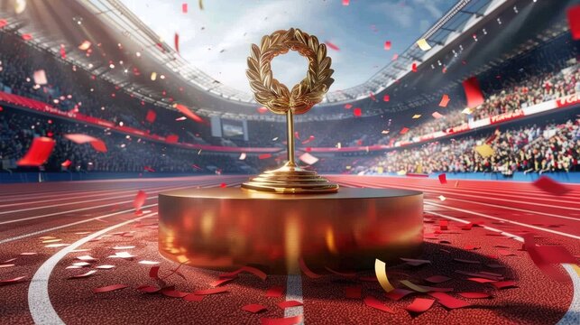 A podium with gold Olympic medal and laurel wreaths on open stadium - Powered by Adobe