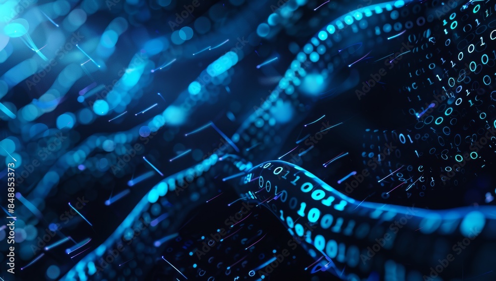 Poster digital chain symbolizing blockchain technology, with glowing data points representing various virtu
