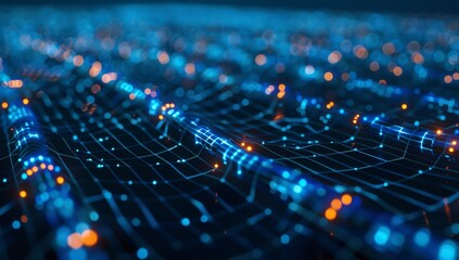 Digital chain symbolizing blockchain technology, with glowing data points representing various virtual blocks connected together, creating intricate patterns and textures on a dark background.