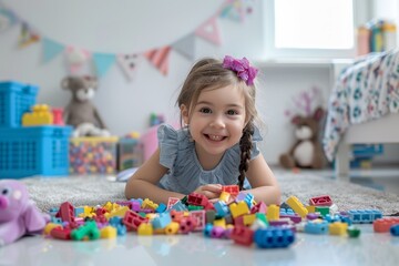 A young girl is laying on the floor surrounded by a pile of colorful blocks