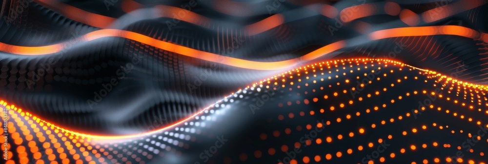 Poster digital abstract background with dark gray and orange colors, featuring a wave pattern composed of g