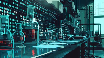 Obraz premium Demon core stories, laboratory environment, side view, explaining the critical incidents, digital binary as object, Complementary Color Scheme