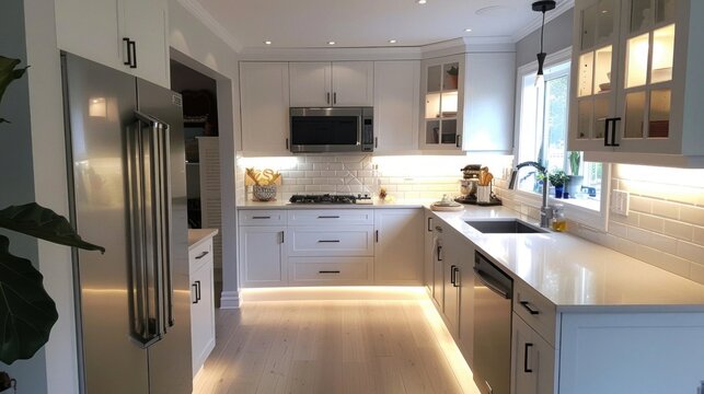 Modern kitchen with white shaker cabinets, quartz countertops, and stainless steel appliances, enhanced by under-cabinet and floor lighting, creating a bright and sleek atmosphere.
