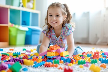 Fototapeta premium A young girl is laying on the floor surrounded by a pile of colorful