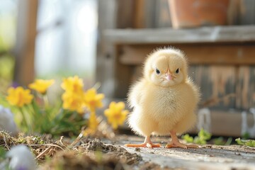 Baby Chick: A fluffy, yellow chick, pecking at the ground in a farmyard. 