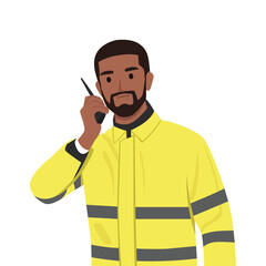 Young Bearded Security Guard Using Walkie talkie Radio wearing yellow raincoat. Flat vector illustration isolated on white background