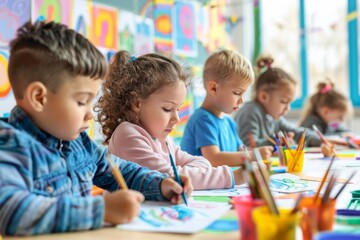Fototapeta premium The children are drawing pictures in a classroom