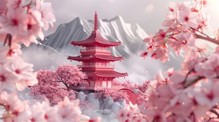 Pink Cherry Blossoms Surrounding Traditional Asian Pagoda in 3D Rendering
