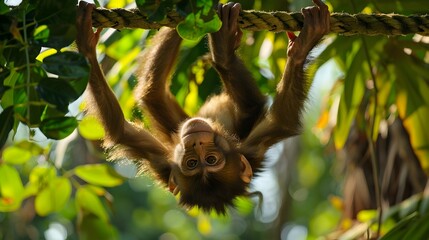 Cute Baby Orangutan Hanging Upside Down in a Sunny Jungle