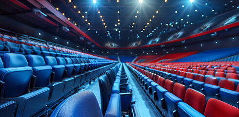 Fototapeta premium Sports stadium seating, minimalist, blue and red. Generative AI.