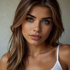 Obraz premium a woman with long dark hair wearing a white top with a gold chain around her neck 