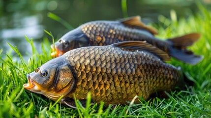 Fresh fish crucian carps placed on verdant lawn