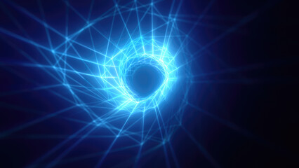 Abstract bright blue glowing background with a tunnel of lines and stripes of energy of burning rays of plasma and electricity with light