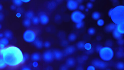 Abstract blue glowing background with flying balls circles atoms molecules particles energy bubbles