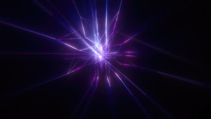 Abstract bright purple glowing background with flying neon star lines made of energy particles and light rays