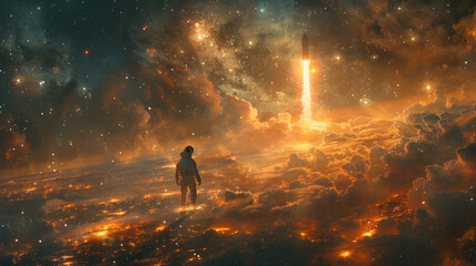 Fototapeta premium business man on a rocket, realistic, big city background.generative ai