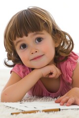 Naklejka premium A little girl is laying on the floor with a pencil in her hand