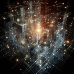 A complex digital cityscape rendered with glowing lights and intricate structures. This futuristic scene illustrates the intersection of technology and urban design, highlighting an advanced and