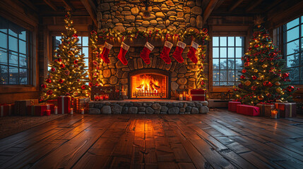 emotional #christmas card with chrismas tree and #gifts, a #fireplace in the background with hanging chrismas #socks, Image with #copyspace. Image very colorful