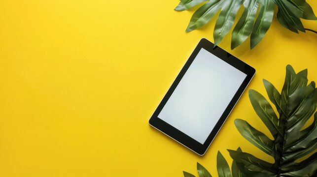 Contemporary e reader with screen on yellow background top down view Text space