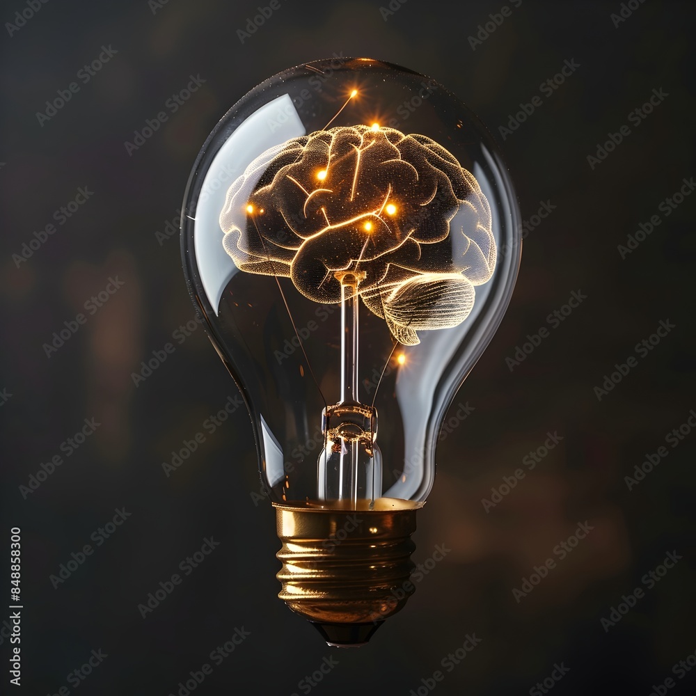 Poster illuminating intellectual ideas lightbulb with brain like filament symbolizing creativity and innova