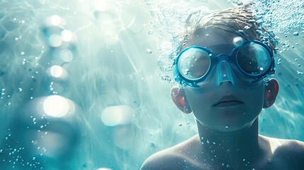 Naklejka premium child in swimming pool Underwater Swimmer with Goggles and Bubbles on Light Background