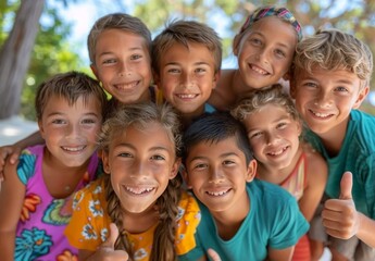 Fototapeta premium A group of children are smiling and giving thumbs up