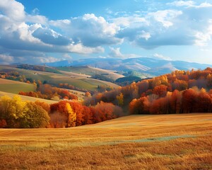 Fototapeta premium Breathtaking Autumn Landscape with Vibrant Hills Colorful Trees and Clear Sky