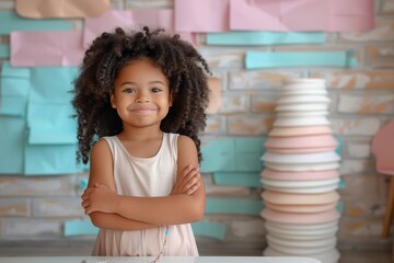 A young girl with curly hair is standing in front of a wall with pink, blue