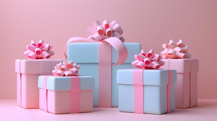 Fototapeta premium A collection of beautifully wrapped gift boxes with pink and blue ribbons against a soft pink background. Perfect for celebrations and special occasions. 3D Illustration.
