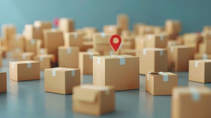 A multitude of cardboard boxes with an online order tracking marker on one. Concept of delivery, shipping, and logistics. 3D Illustration.