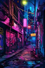 Obraz premium Dystopian Neon Lit Alleyway with Graffiti and Decaying Urban Landscape