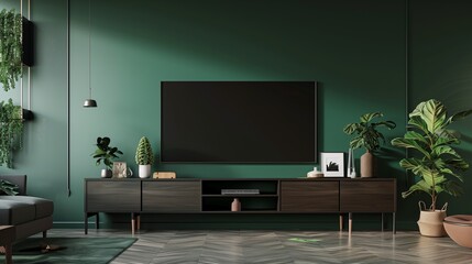 Living room with cabinet for tv on dark green color wall background.3d ing --aspect 169 --version 6.0 - Upscaled (Subtle) by @zahra (relaxed)