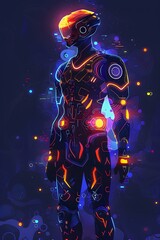 Futuristic Cyborg Character in Glowing Digital Suit with Robotic Arm