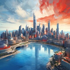 a painting of a city with a bridge and a bridge in the background