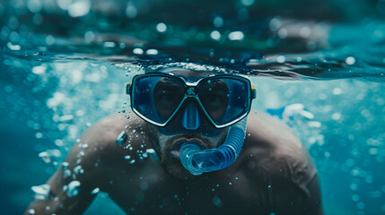 Naklejka premium Underwater Snorkeling Adventure. A close-up underwater shot of a snorkeler wearing a yellow diving mask and snorkel. 