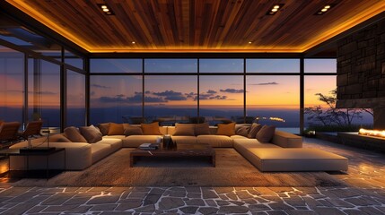Naklejka premium Luxury interior with panoramic windows and sunset view, modern large sofa with armchairs, carpet, stone floor and wooden ceiling. Design open living room with night lighting. 3d illustration.