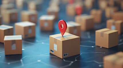 Cardboard shipping boxes with location pins symbolizing global logistics and delivery services in a connected network. 3D Illustration.