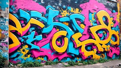 Obraz premium A bold graffiti art piece on an urban wall, featuring a mix of bright colors and sharp contrasts. 2