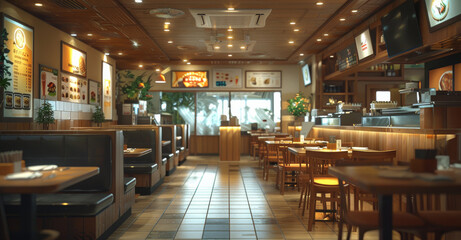 Quick service restaurant interior. Generative AI.