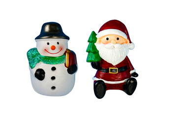 Santa claus doll and snowman doll for Christmas home decoration on isolated background.