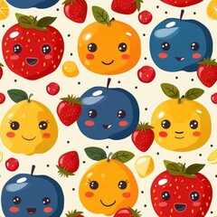 A playful pattern of smiling fruit characters interspersed with leaves and polka dots